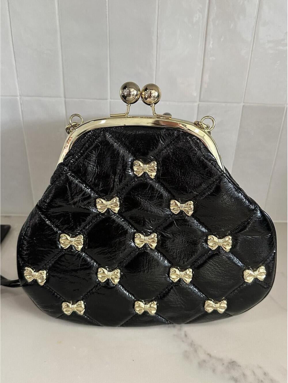 Betsey Johnson Black Gold Bow Quilted KissLock Clutch purse bag